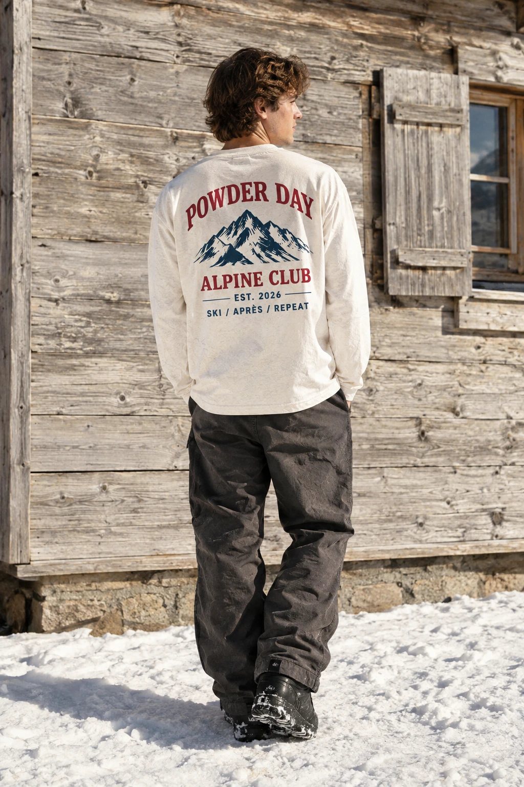 Model in de Mountain Club longsleeve, van achteren, voor een houten chalet