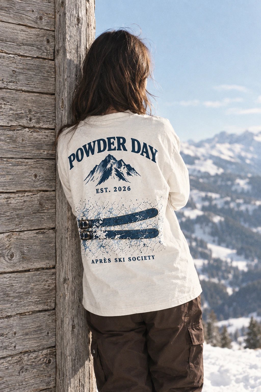 Model in de Ski Wrap longsleeve leunt tegen een chalet en kijkt uit over het dal